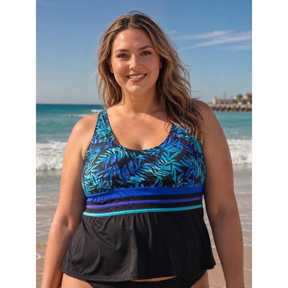 Swimsuits For All Blue Tropical Palm Print Swimdress Size 20 Racerback